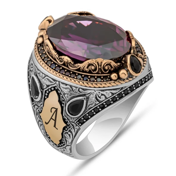 Mor Taşlı Harfli 925 Erkek Gümüş Yüzük - Resim 2