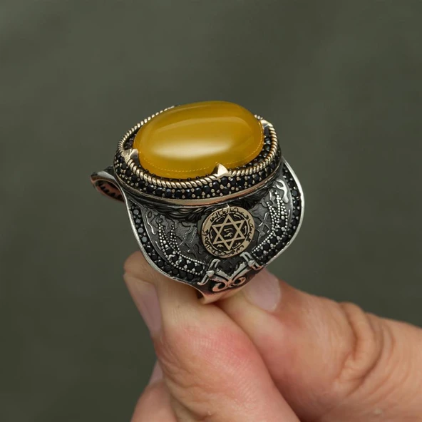 Sarı Akik Taşlı Süleyman Mührü 925 Gümüş Erkek Yüzük - Resim 6