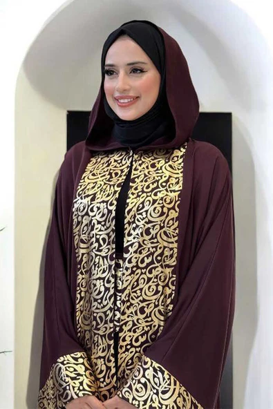Arapça Harf Baskılı Abaya 70014 Bordo - 4