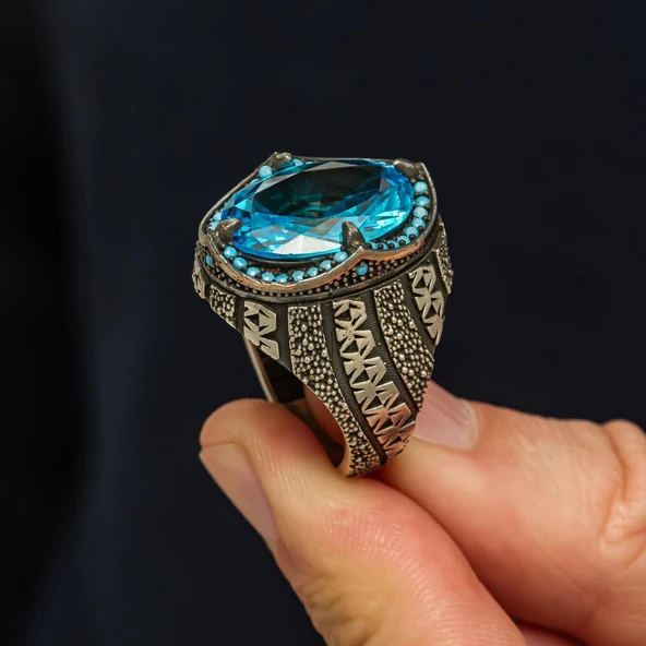 Oval Aqua Mavi Taşlı 925 Gümüş Erkek Yüzük - Resim 6