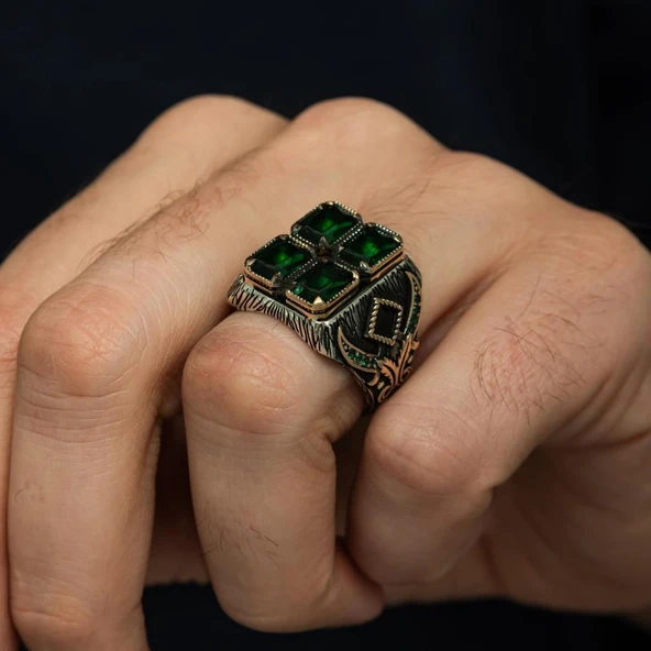 Yeşil 4 Taşlı 925 Gümüş Erkek Yüzük - Resim 5