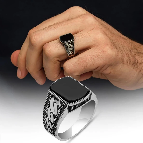 Akik Taşlı Kare Gurmet Model 925 Erkek Gümüş Yüzük ürün görseli