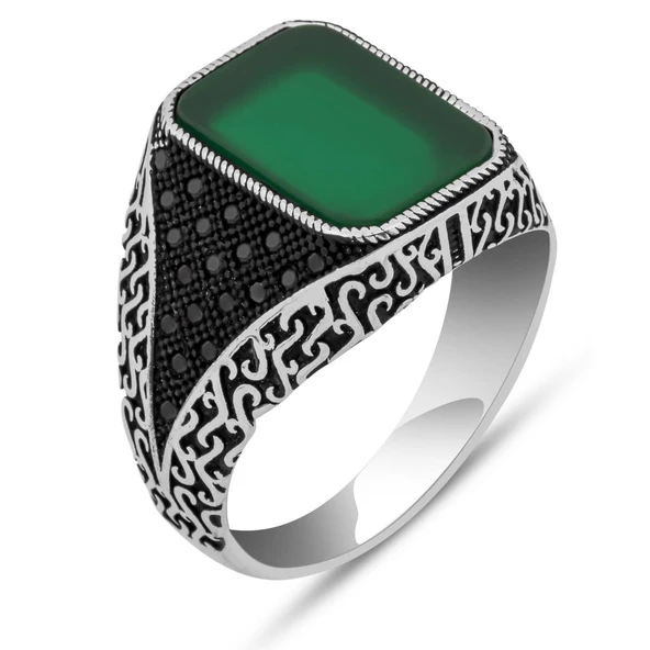 Yeşil Akik Taşlı Kare 925 Erkek Gümüş Yüzük - Resim 2