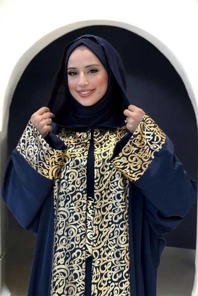 Arapça Harf Baskılı Abaya 70014 Lacivert - Resim 4