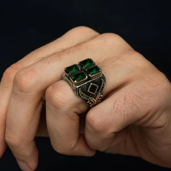 Yeşil 4 Taşlı 925 Gümüş Erkek Yüzük - Resim 7