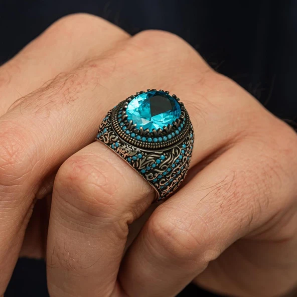 Oval Aqua Mavi Taşlı 925 Gümüş Erkek Yüzük - Resim 6