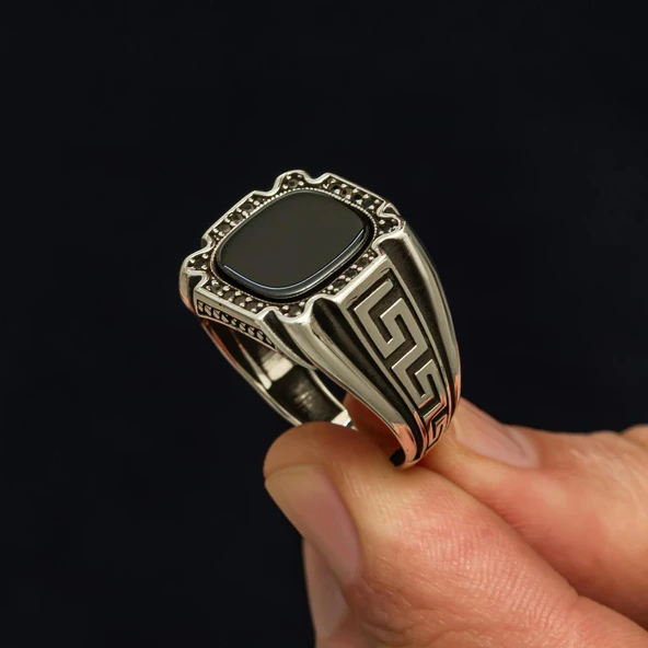 Siyah Oniks Taşlı Grek Desenli 925 Gümüş Erkek Yüzük - Resim 4