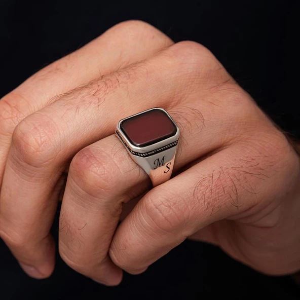 Akik Taşlı Harfli 925 Gümüş Yüzük - 7