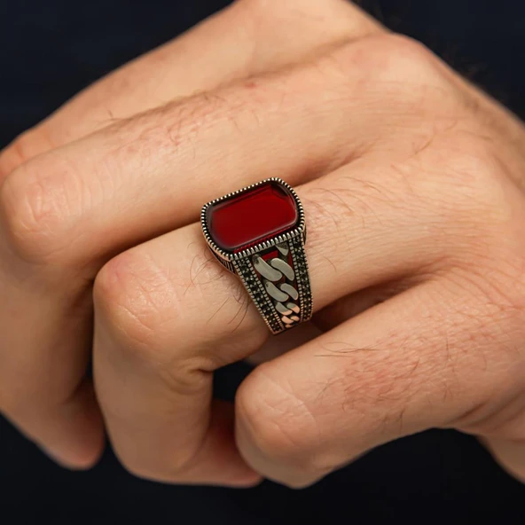 Akik Taşlı Kare Gurmet Model 925 Erkek Gümüş Yüzük - Resim 3