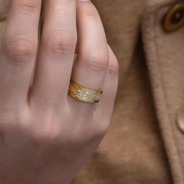 Kare Tasarım Çizgili Çift Gümüş Alyans Yüzük - Resim 7