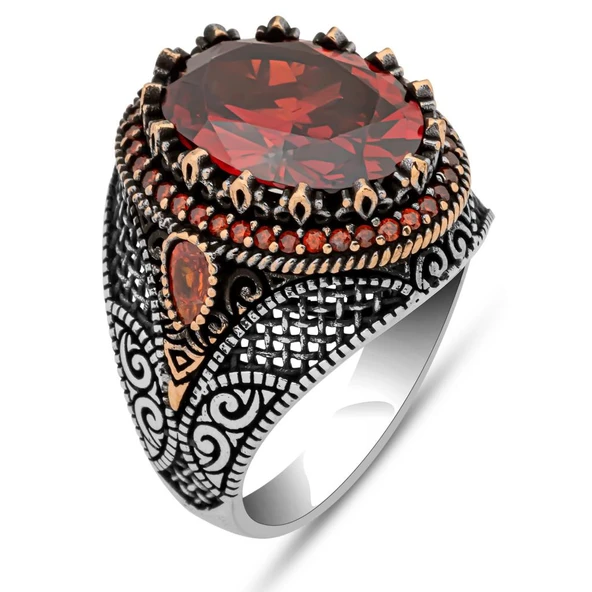 Oval Kırmızı Taşlı 925 Gümüş Erkek Yüzük - Resim 2