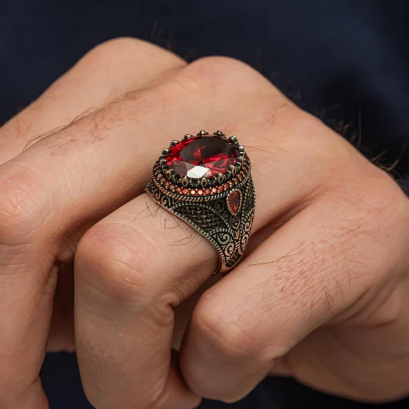 Oval Kırmızı Taşlı 925 Gümüş Erkek Yüzük - Resim 5