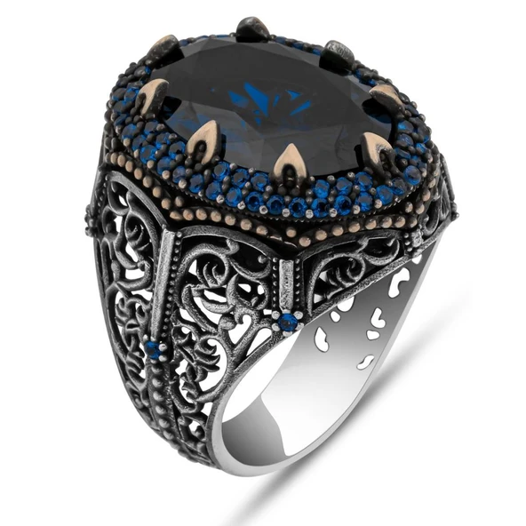 Oval Parlament Taşlı 925 Gümüş Erkek Yüzük - Resim 2