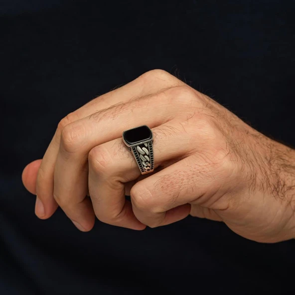 Akik Taşlı Kare Gurmet Model 925 Erkek Gümüş Yüzük - Resim 4