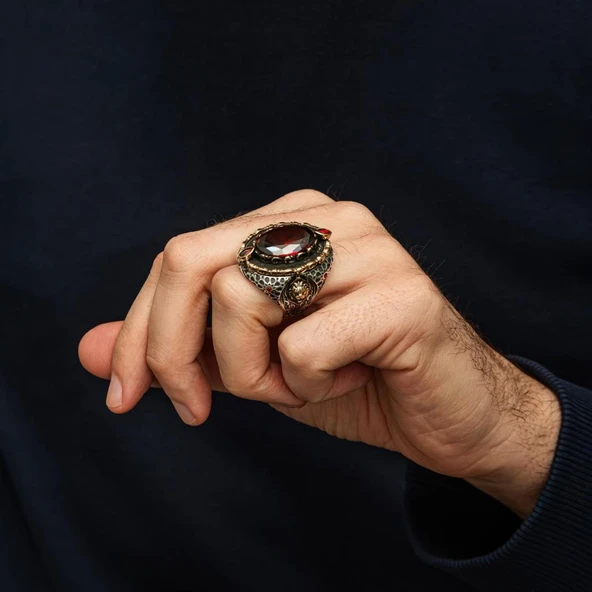 Kırmızı Taşlı Aslan Başı 925 Ayar Erkek Gümüş Yüzük - Resim 3