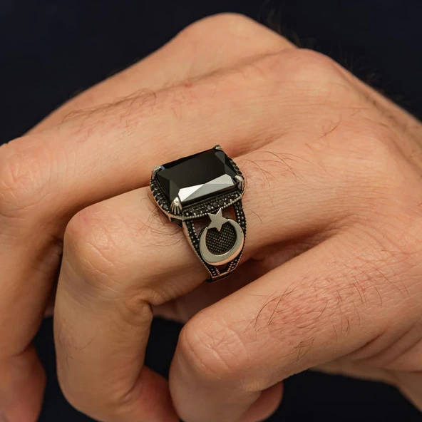 Ayyıldız Desenli Siyah Taşlı 925 Gümüş Erkek Yüzük - Resim 3