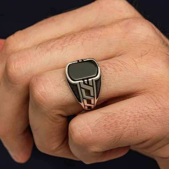 Siyah Oniks Taşlı Grek Motifli 925 Erkek Gümüş Yüzük - Resim 3