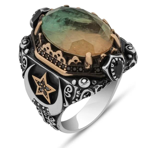 Turmolin Taşlı Ayyıldız Motifli 925 Gümüş Yüzük - Resim 2