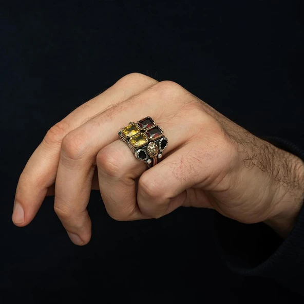 Sarı Kırmızı Aslan Motifli 925 Ayar Erkek Gümüş Yüzük - Resim 6