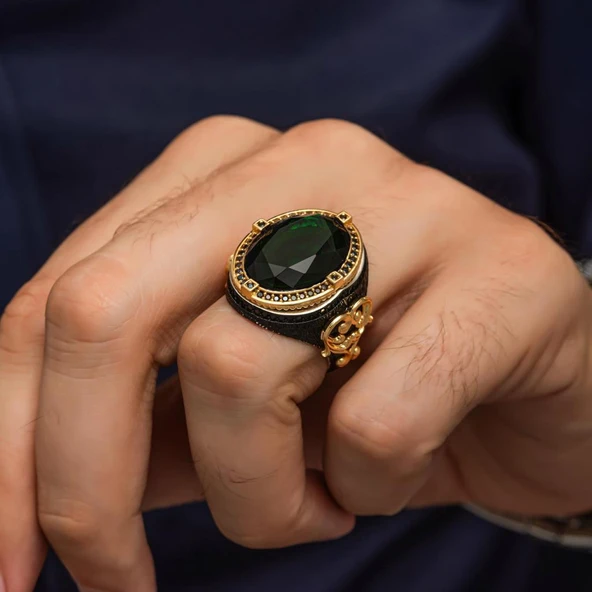 Oval Yeşil Taşlı 925 Ayar Gümüş Yüzük - 3