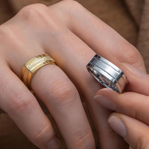 Kare Tasarım Çizgili Çift Gümüş Alyans Yüzük - Resim 3