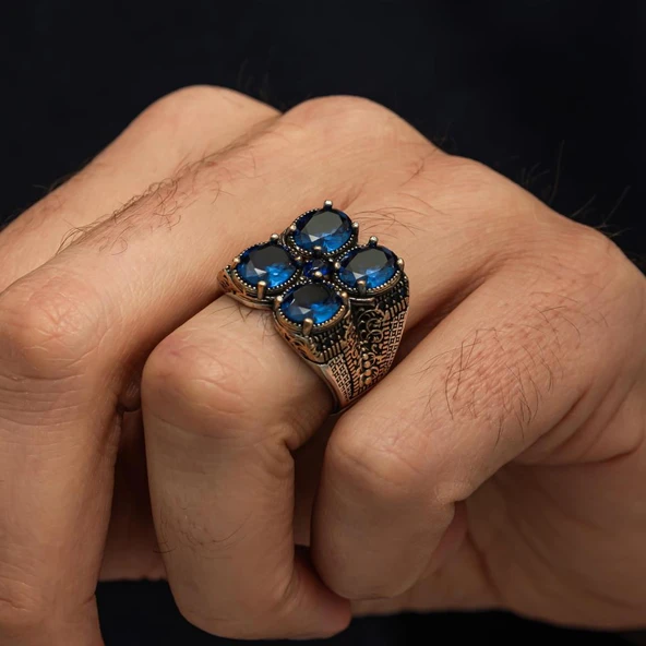 Lacivert 4 Taşlı 925 Erkek Gümüş Yüzük - Resim 6