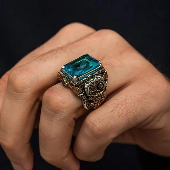 İslam Usta Koleksiyonu Mavi Taşlı 925 Gümüş Yüzük - Resim 3