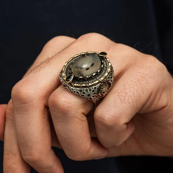 Yemen Akik Taşlı Aslan Başı 925 Ayar Erkek Gümüş Yüzük - Resim 2