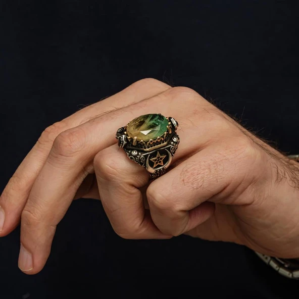 Turmolin Taşlı Ayyıldız Motifli 925 Gümüş Yüzük - Resim 4