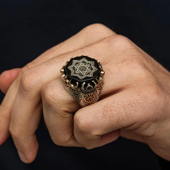 Hz. Süleyman Mührü Siyah Taşlı 925 Gümüş Yüzük - Resim 3