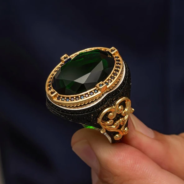 Oval Yeşil Taşlı 925 Ayar Gümüş Yüzük - 4