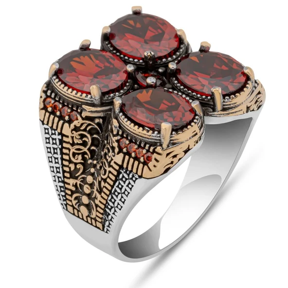 Kırmızı 4 Taşlı 925 Erkek Gümüş Yüzük - Resim 2