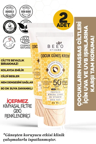 Bee'o Apicare Propolisli Çocuk Güneş Kremi SPF50 80 ml 2 Adet