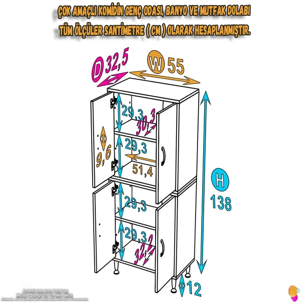 Modilayn İLKİM 55x138x32,5 cm Ekstra Düzen İçin Kullanışlı 4 Kapak 4 Bölmeli Banyo Mutfak Dolabı - Resim 4