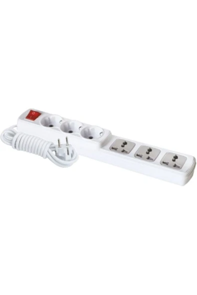 F303C – 3+3 Anahtarlı Universal Grup Priz 5 Metre | Uzun Kablolu, Anahtarlı Güç Dağıtımı
