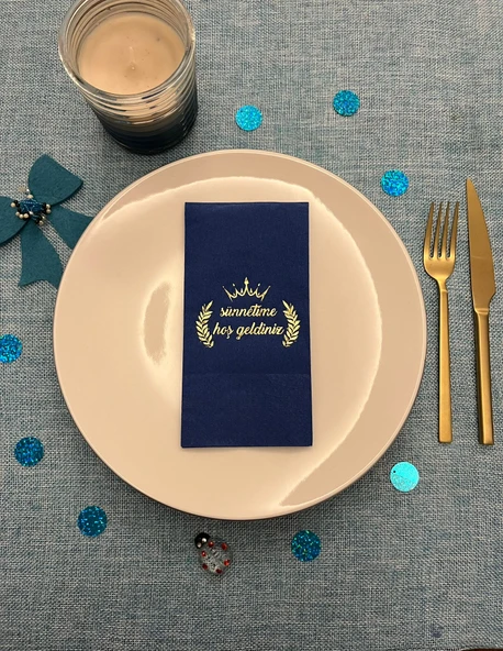 Gold Yaldızlı Bodrum Mavisi Sünnetime Hoşgeldiniz Baskılı Garson Katlama Peçete 16 Adet ürün görseli 1