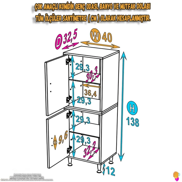 Modilayn OHBE 40x138x32,5 cm Ekstra Düzen İçin Kullanışlı 4 Kapak 4 Bölmeli Banyo Mutfak Dolabı - 4