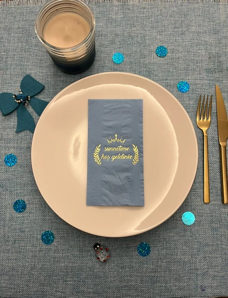 Gold Yaldızlı Gri Sünnetime Hoşgeldiniz Baskılı Garson Katlama Peçete 16 Adet ürün görseli 1