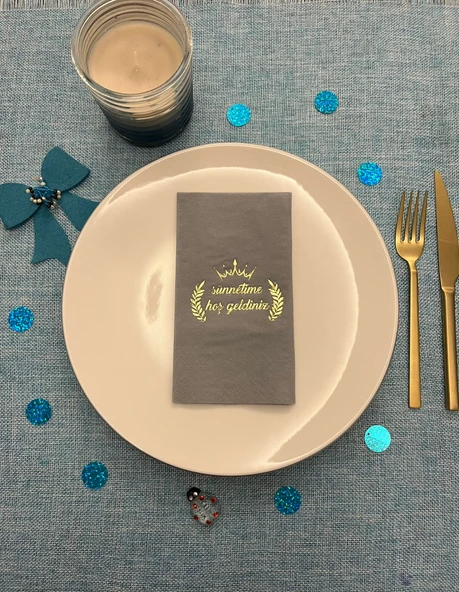 Gold Yaldızlı Kraft Sünnetime Hoşgeldiniz Baskılı Garson Katlama Peçete 16 Adet ürün görseli 1