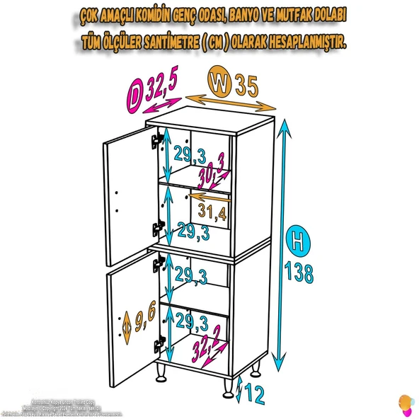 Modilayn İLKİM 35x138x32,5 cm Ekstra Düzen İçin Kullanışlı 4 Kapak 4 Bölmeli Banyo Mutfak Dolabı - 4
