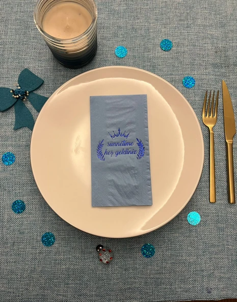 Mavi Yaldızlı Gri Sünnetime Hoşgeldiniz Baskılı Garson Katlama Peçete 16 Adet ürün görseli