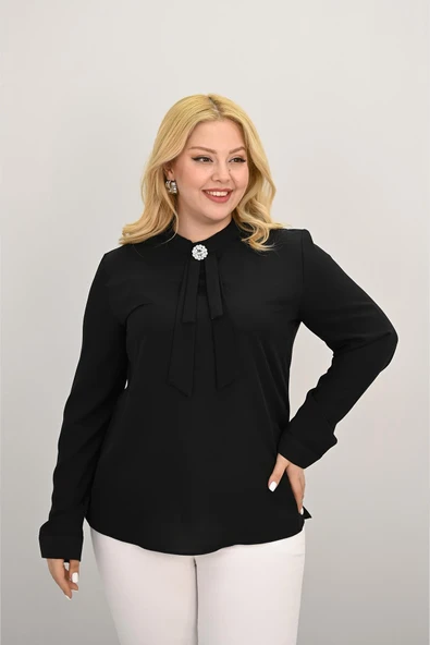 Kadın Büyük Beden Hakim Yaka Fular Bağlama Detaylı Broşlu Bluz 0033-25 - 6