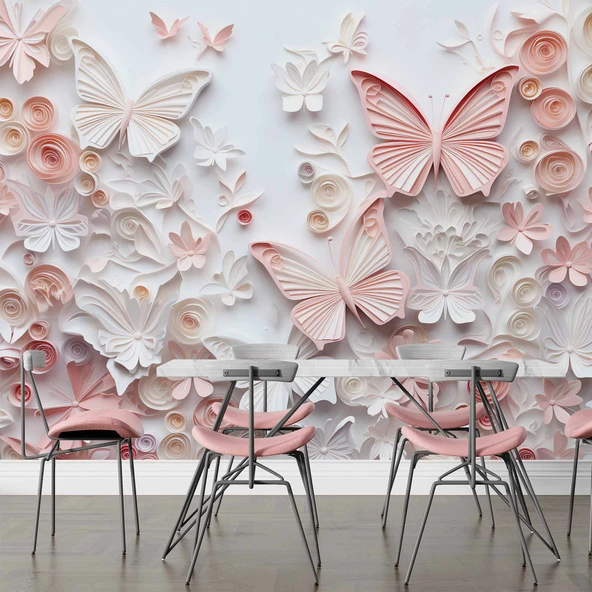 3D Pembe Kabartma Kelebek Duvar Kağıdı Baskı - Resim 5