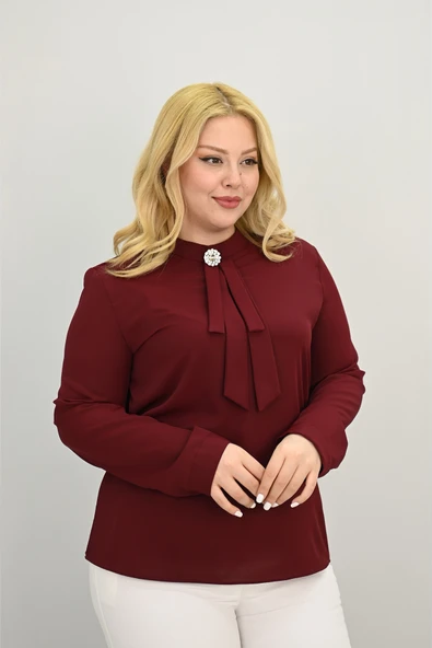 Kadın Büyük Beden Hakim Yaka Fular Bağlama Detaylı Broşlu Bluz 0033-25 - 10