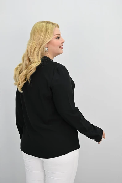 Kadın Büyük Beden Hakim Yaka Fular Bağlama Detaylı Broşlu Bluz 0033-25 - 7