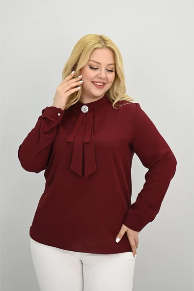 Kadın Büyük Beden Hakim Yaka Fular Bağlama Detaylı Broşlu Bluz 0033-25 - 9