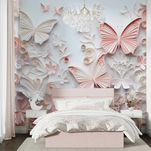 3D Pembe Kabartma Kelebek Duvar Kağıdı Baskı - Resim 2