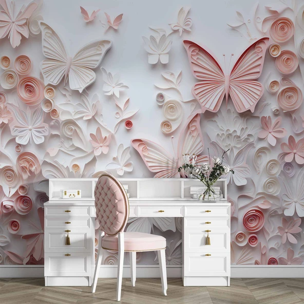 3D Pembe Kabartma Kelebek Duvar Kağıdı Baskı - Resim 4