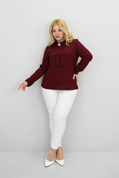 Kadın Büyük Beden Hakim Yaka Fular Bağlama Detaylı Broşlu Bluz 0033-25 - 9