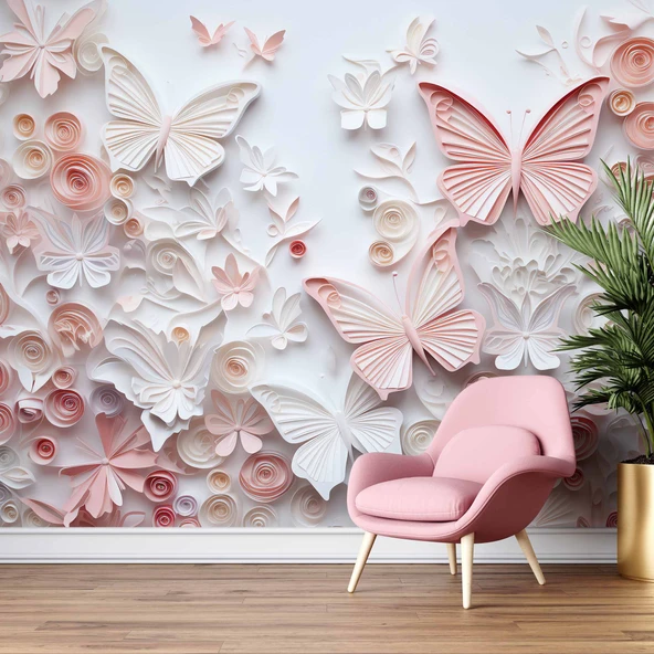 3D Pembe Kabartma Kelebek Duvar Kağıdı Baskı - Resim 6